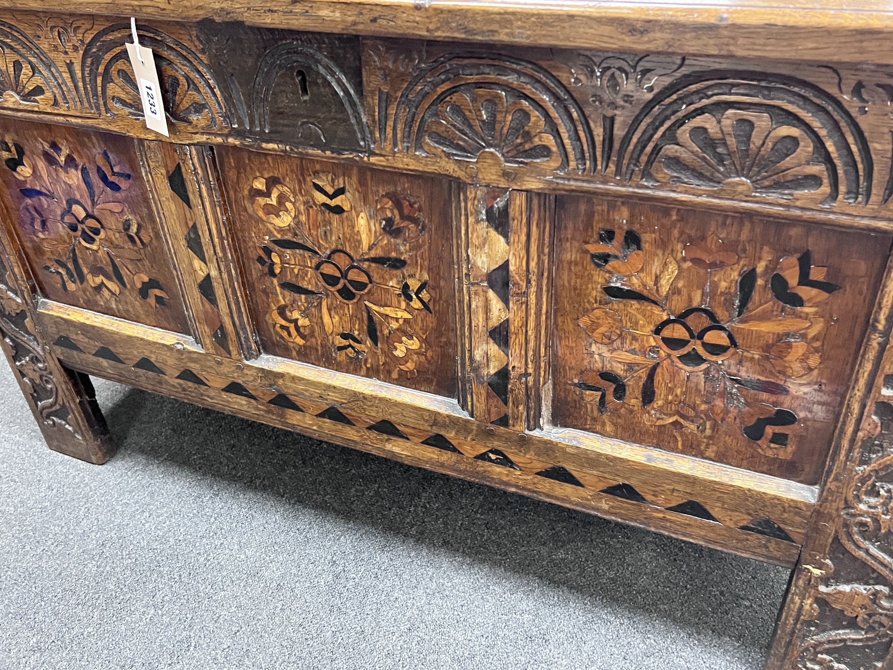 A later parquetry inlaid oak coffer, 17th century and later, length 112cm, depth 50cm, height 82cm